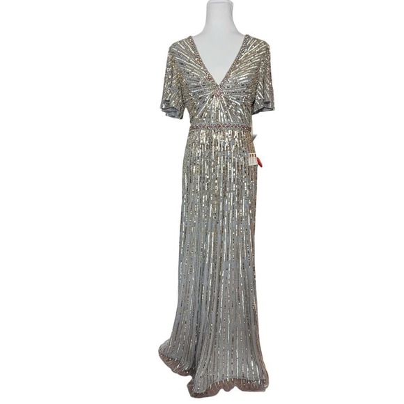 Mac Duggal Gown Silver Beaded Sequin‎ Dress Flutter Sleeves Size 8 NEW - Picture 1 of 12